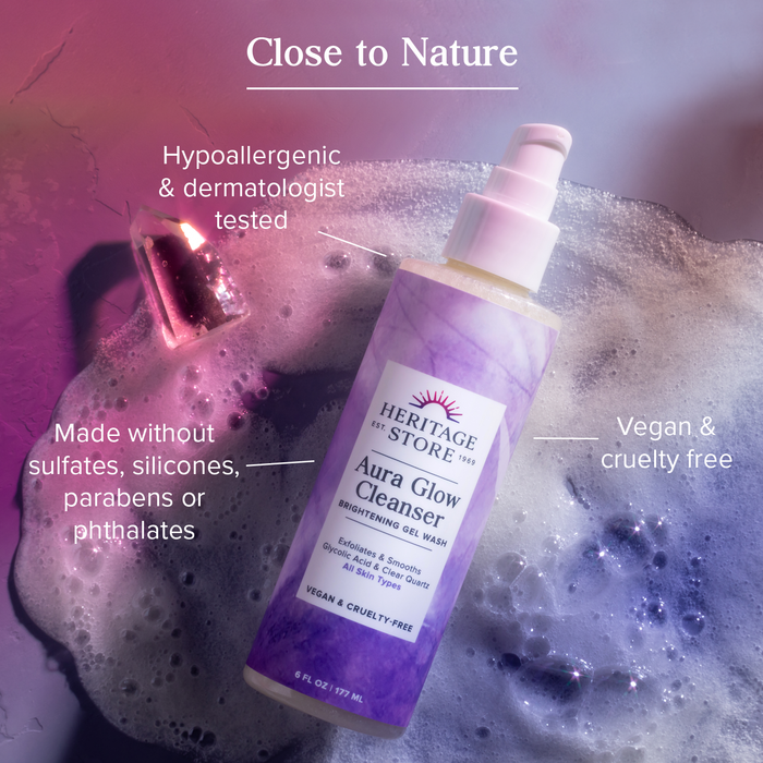 Heritage Store Aura Glow Facial Cleanser, Brightening Wash for a Fresh Glow, All Skin Types, Revitalizing Gel Cleanser Exfoliates & Smooths with Glycolic Acid, Niacinamide & Clear Quartz, Vegan, 6oz