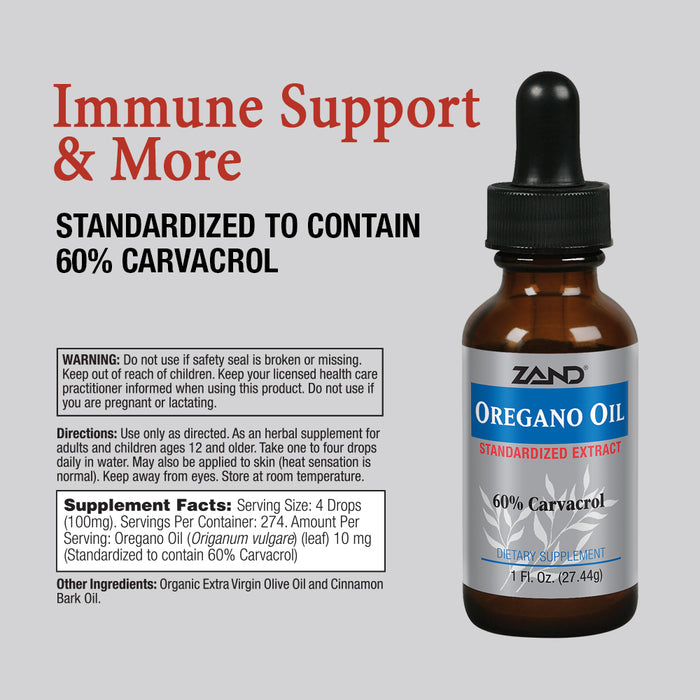 Zand Oregano Oil Immune Support Formula | Standardized to Contain 60% Carvacrol | Topical & Internal Use, 1oz, 274 Servings