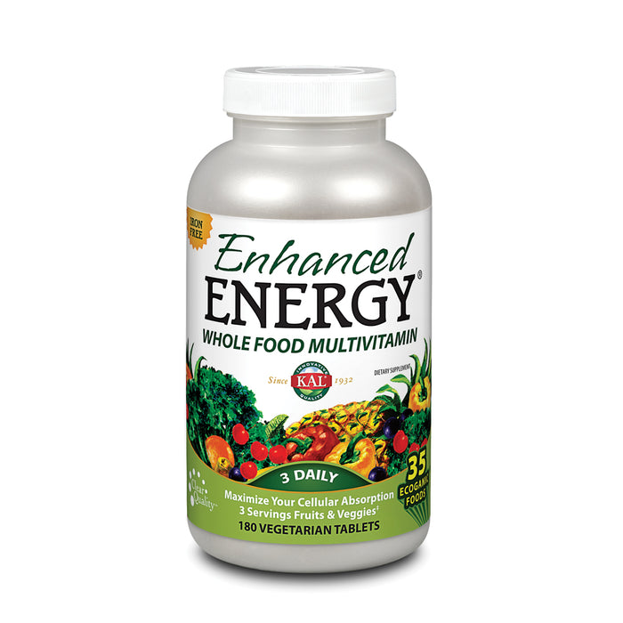 KAL Enhanced Energy Supplements, 3 Daily - Whole Food Multivitamin for Women and Men, Iron Free, 23 Essential Vitamins, Minerals, Super Foods, Digestive Enzymes, 60-Day Guarantee, 60 Serv, 180 VegTabs