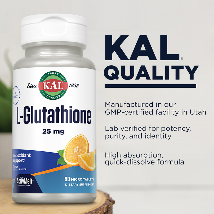 KAL L-Glutathione, Reduced Glutathione Supplement, High Absorption Antioxidant, Orange Flavor Instant Dissolve ActivMelt, Vegetarian, Lab Verified, 90 Servings, 90 Micro Tablets