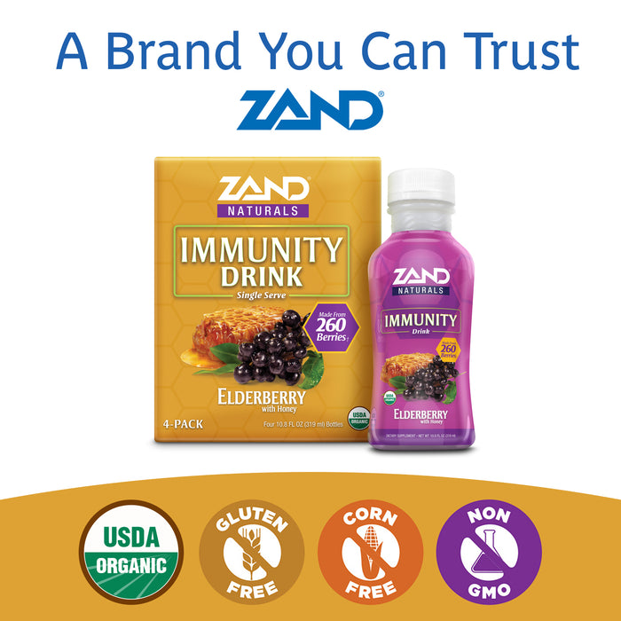 Zand Organic Elderberry Immunity Drink | Concentrated Healthy Immune System Function Support | Four 10.8 FL OZ Bottles