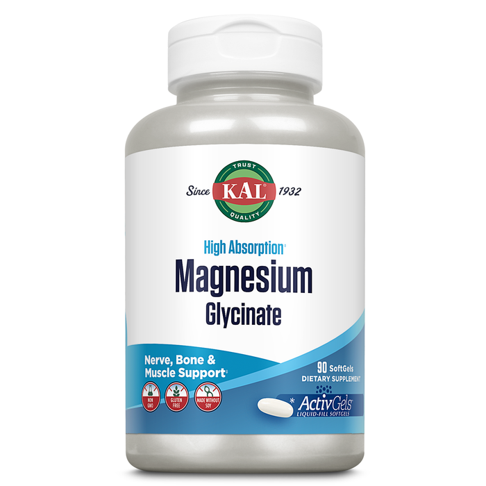 KAL Magnesium Glycinate ActivGels 315mg, High Absorption Magnesium Supplement for Muscle, Nerve & Bone Health Support, Non-GMO, Gluten Free, 30 Servings, 90 Softgels