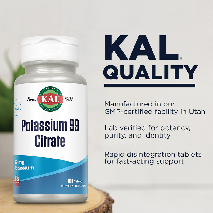 KAL Potassium Citrate 99mg,  Fluid and Electrolyte Balance, Potassium Supplement for Muscle, Nerve and Heart Health Support, Vegetarian, Enhanced Absorption, 60-Day Guarantee, 100 Serv, 100 Tablets