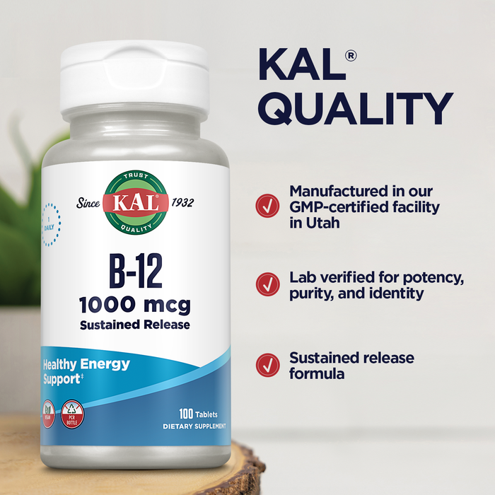KAL Vitamin B12 1000mcg, Sustained Release Supplement for Healthy Energy, Metabolism, Heart Health, Nerve and Red Blood Cell Support, Long-Lasting Formula, Vegan, 100 Servings, 100 Tablets