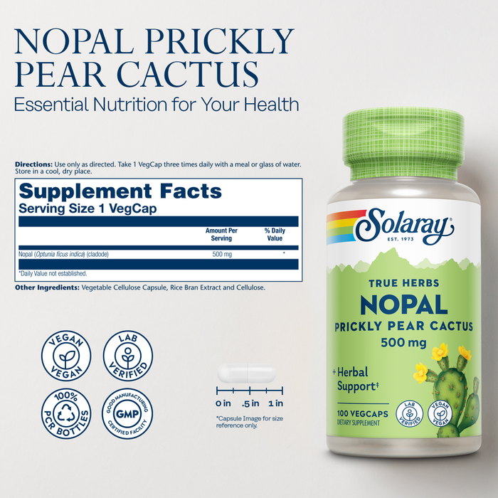 Solaray Nopal Prickly Pear Cactus 500 mg, with Naturally Occurring Dietary Fiber, Antioxidants, Carotenoids and Other Nutrients, Vegan, 60 Day Money Back Guarantee, 100 Servings, 100 VegCaps