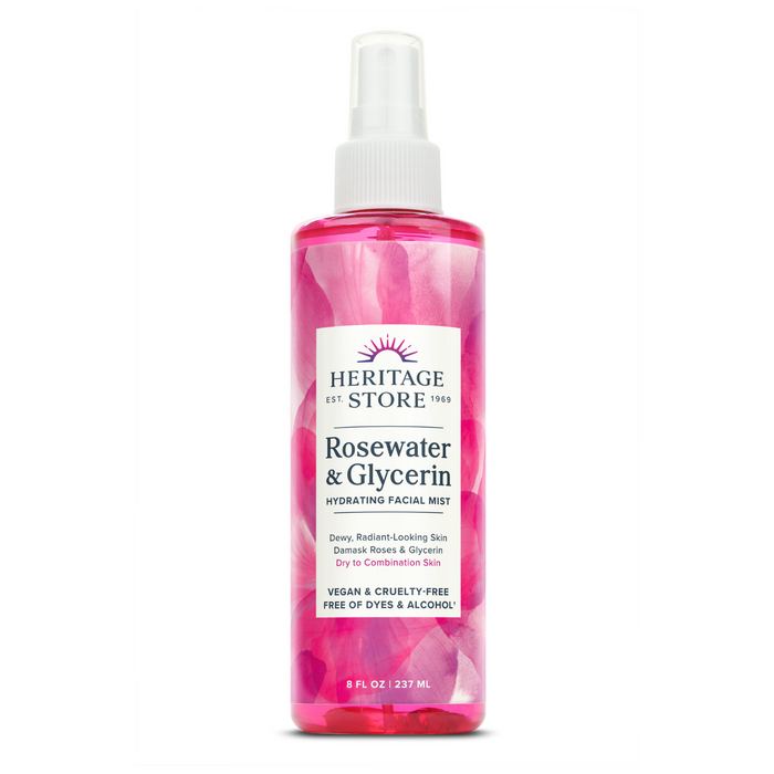 Heritage Store Rosewater & Glycerin, Hydrating Mist for Skin & Hair , No Dyes or Alcohol, Vegan (8oz)
