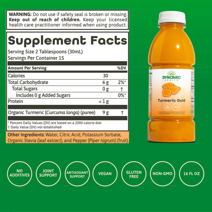 Dynamic Health Turmeric Gold, Turmeric 100% Juice, No Additives, Joint Support, Vegan, Gluten Free, Non-GMO, 16 oz