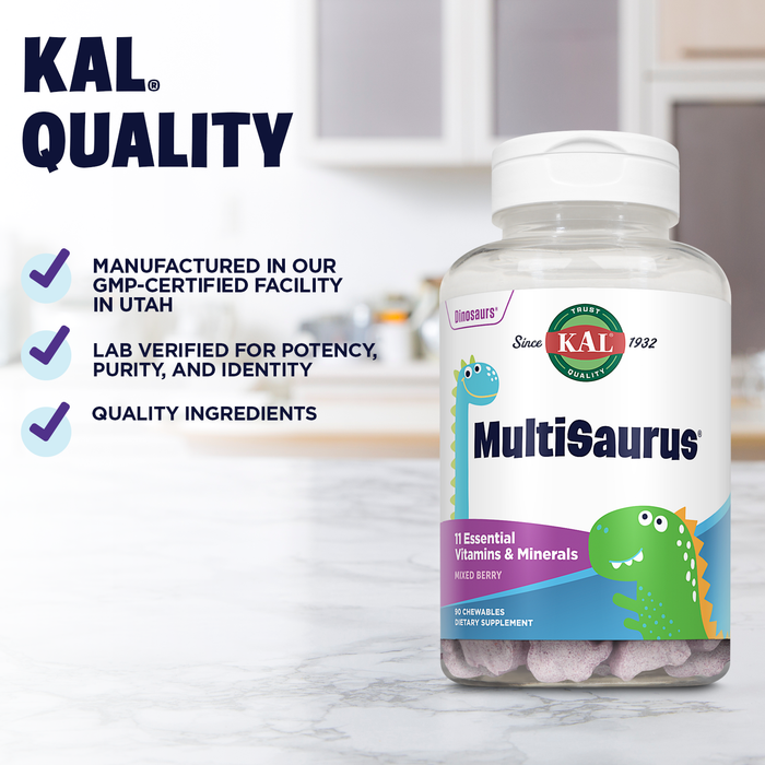 KAL MultiSaurus Kids Chewable Multivitamins, 11 Essential Vitamins and Minerals for Kids, Mixed Berry Flavor, Gluten and Preservative Free, 90 Servings, 90 Dinosaur-Shaped Chewables