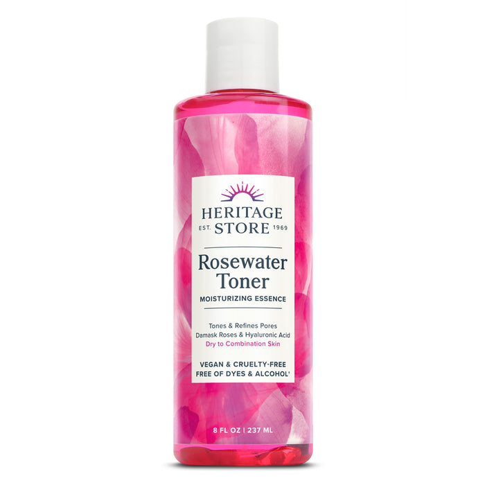 Heritage Store Rosewater Facial Toner with Hyaluronic Acid, Dry to Combination Skin Care, Hydrating Toner Refines Pores & Minimizes the Appearance of Fine Lines & Wrinkles, Alcohol Freeǂ, Vegan (8oz)