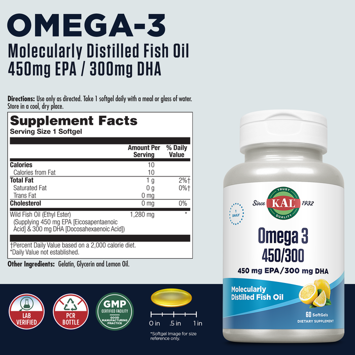 KAL Omega 3 Fish Oil 1,280mg 450/300 EPA DHA Supplements, Eye, Brain, Heart Health and Joint Support Supplement - With Natural Lemon Oil - Molecularly Distilled, 60-Day Guarantee, 30 Serv, 60 Softgels
