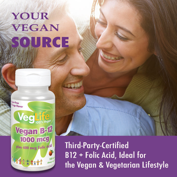 VegLife B12 + Folic Acid 1000mcg | Energy Metabolism, Heart & Cellular Health Support | Orange Flavor, Vegan, No Sugar | 100 Lozenges
