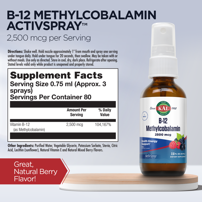 KAL Vitamin B12 Methylcobalamin ActivSpray 2500mcg, Healthy Energy, Metabolism, Nerve & Red Blood Cell Support,* Fast-Acting Liquid B12, Maximum Absorption, Natural Berry Flavor, 80 Servings, 2 fl oz