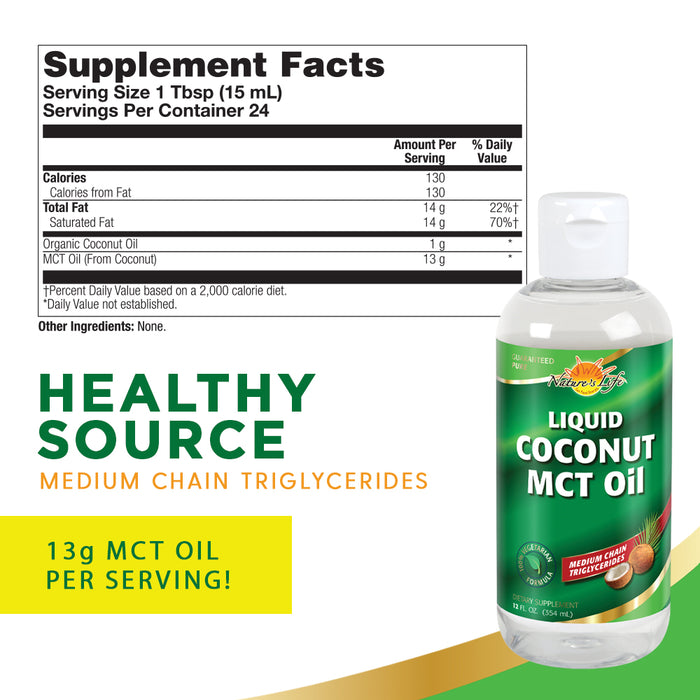 Nature's Life Liquid Coconut MCT Oil, Vegetarian | Energy & Metabolism Supplement, Keto & Paleo Friendly, 12oz, 24 Serv.