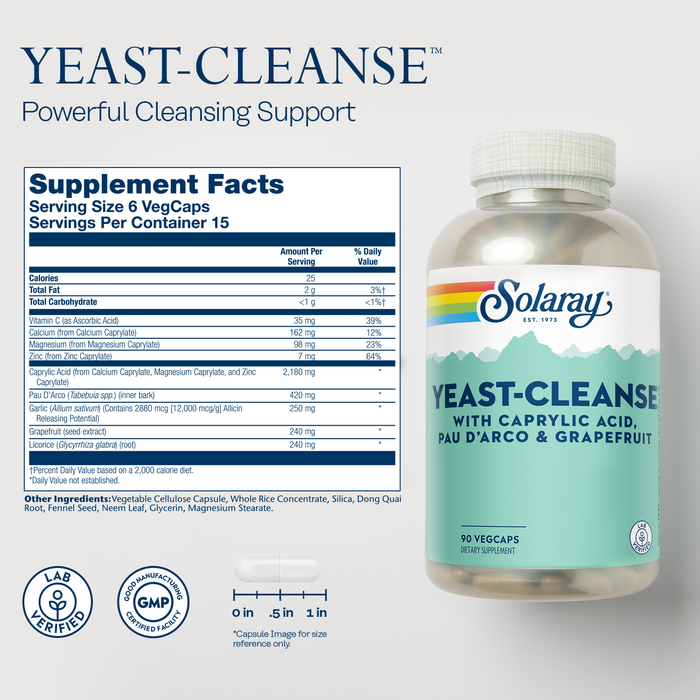 Solaray Yeast Cleanse, Detox Cleanse for Healthy Yeast Balance Support, with Caprylic Acid, Pau d'Arco, Licorice Root Extract and Grapefruit Seed Extract, 60-Day Guarantee, 15 Servings, 90 VegCaps