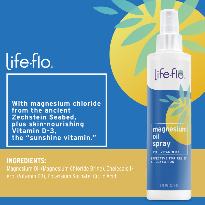 Life-flo Magnesium Oil Spray with Vitamin D3, Highly Concentrated Magnesium Chloride Spray from the Zechstein Seabed, Calms and Relaxes Muscles and Joints, 60-Day Guarantee, Not Tested on Animals, 8oz