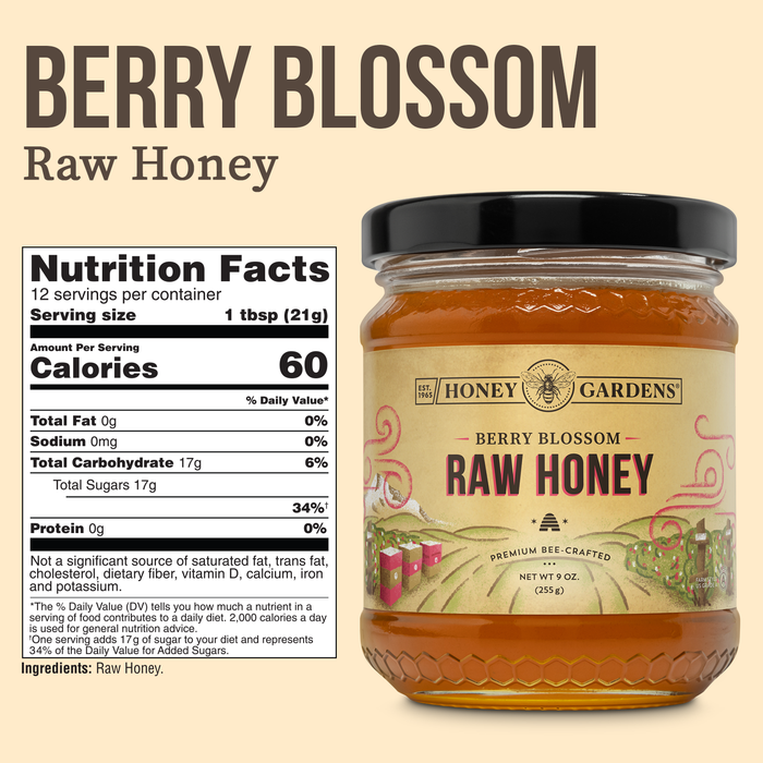 Honey Gardens Berry Blossom Raw Honey, Premium Bee-Crafted Honey from Nectar of Blackberry, Raspberry, and Blueberry Farms, Medium Color, Discernable Notes of Berry Flavor, 12 Servings, 9 OZ.