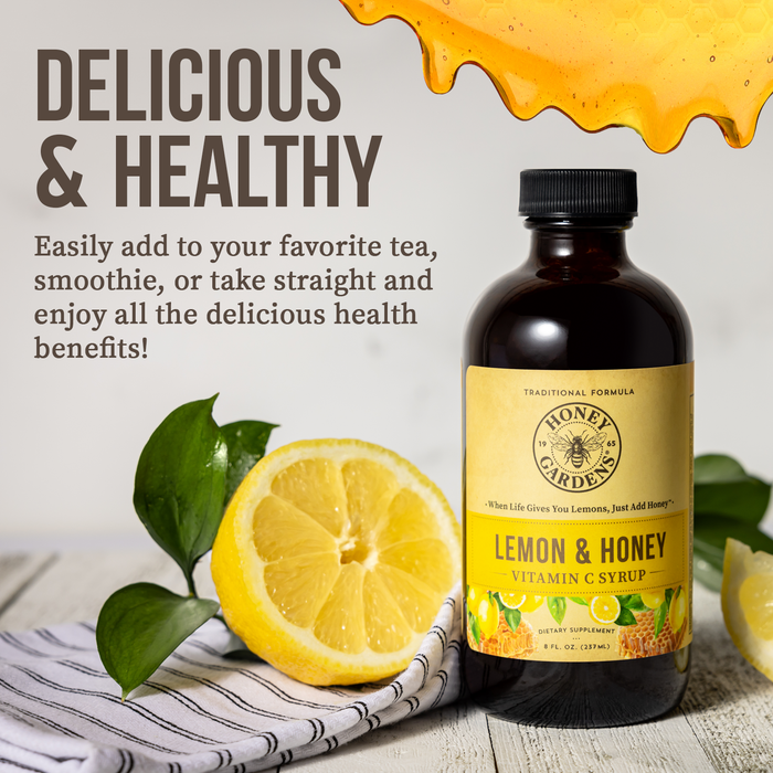 Honey Gardens Lemon and Honey Syrup, With 170 mg of Vitamin C and 3 mg of Zinc, Honey & Lemon Apitherapy Formula Includes Raw Honey, Organic Apple Cider Vinegar, Echinacea Blend, Rose Hips and More, 8 FL. OZ. 48 Servings