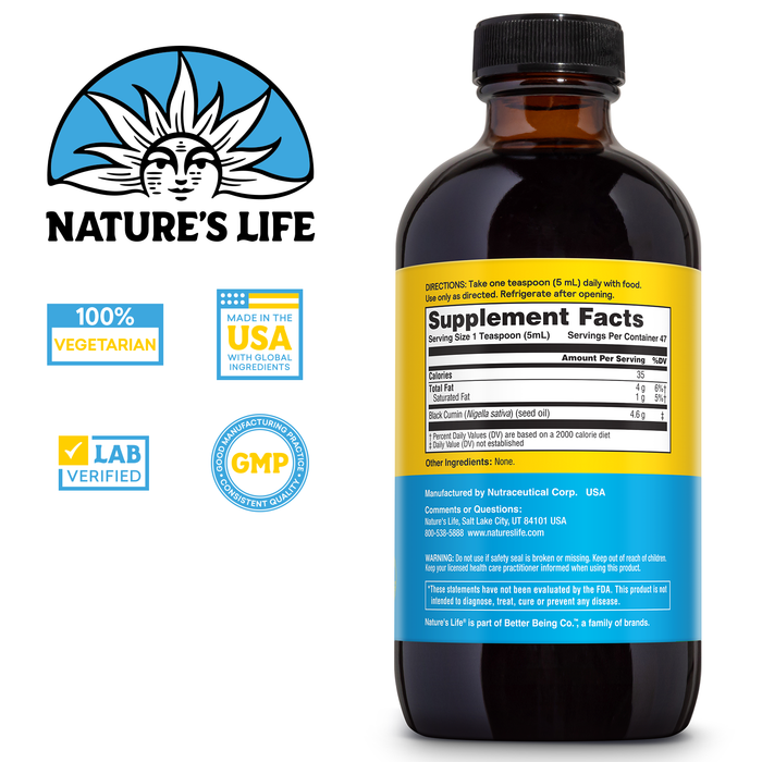 Nature’s Life Black Seed Oil, Cold-Pressed Black Cumin Seed Oil - Joint, Digestive Health, and Immune Support - Lab Verified, 60-Day Money-Back Guarantee - 47 Servings, 8 Fl. Oz.