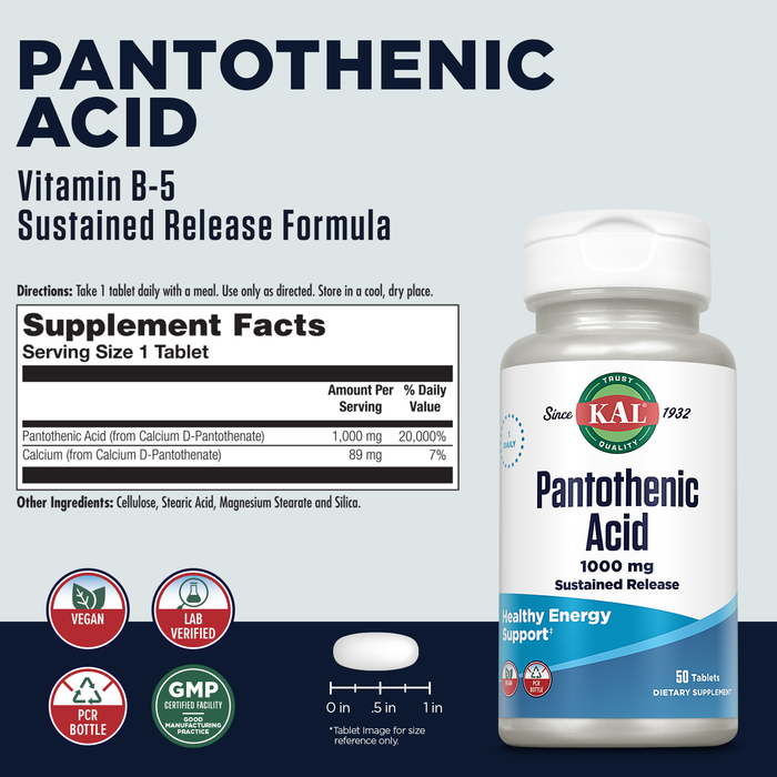 KAL Pantothenic Acid 1000mg, Sustained Release Vitamin B5 - Energy Supplements - Supports Metabolism of Carbs, Fat and Protein, Hair and Skin Health, Vegan, 60-Day Guarantee, 50 Servings, 50 Tablets