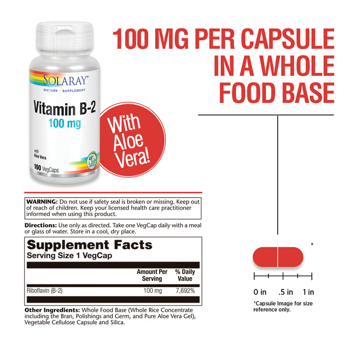 Solaray Vitamin B-2 Riboflavin 100 mg with Aloe Vera | Healthy Energy Metabolism, Skin, Hair & Nails | 100 CT