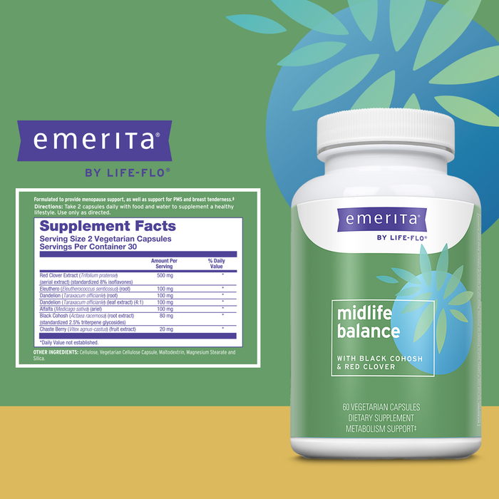 Emerita by Life-flo Midlife Balance, Menopause Supplements for Women, Healthy Balance Support with Black Cohosh and Red Clover, 60-Day Guarantee, Not Tested on Animals, 30 Servings, 60 VegCaps