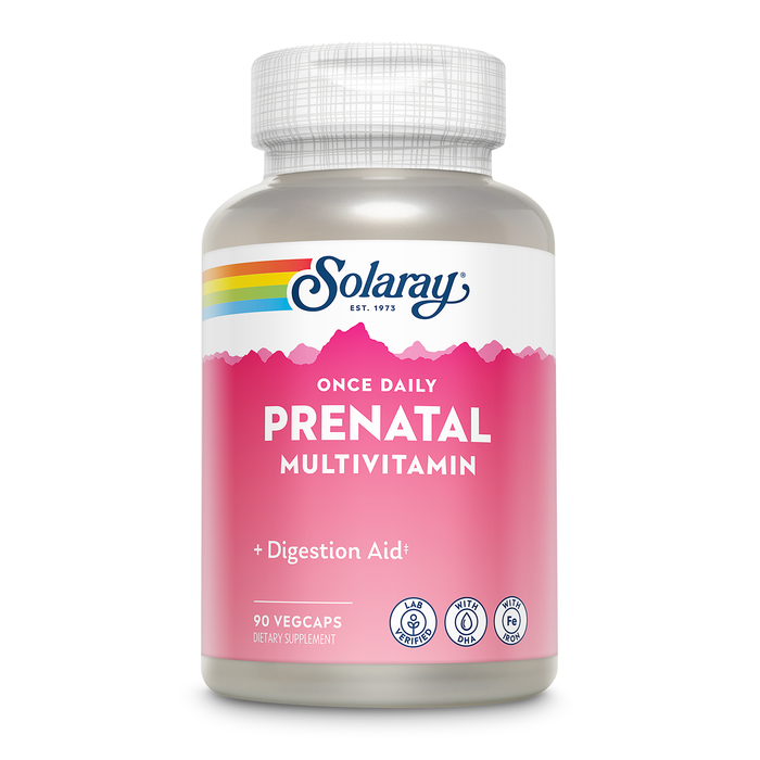 Solaray Once Daily Prenatal Multivitamin with Iron & DHA, Prenatal Vitamins and Minerals for Expectant Mothers, Digestion Aid with Morning Ease Herbal Blend & Whole Food Base, 90 Servings, 90 VegCaps