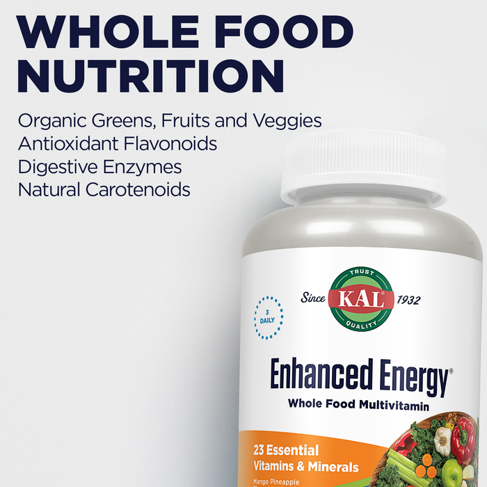 KAL Enhanced Energy Supplements, Whole Food Chewable Multivitamin with Iron, 3 Daily, 23 Essential Vitamins and Minerals, Super Foods, Enzymes, Mango Pineapple Flavor, 60-Day Guarantee, 20 Serv, 60ct