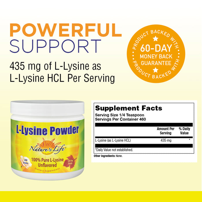 Nature's Life L-Lysine Powder | Helps Support Healthy Immune Function | 100% Pure Natural L-Lysine | Vegetarian, Unflavored, No Sugar | 460 Servings