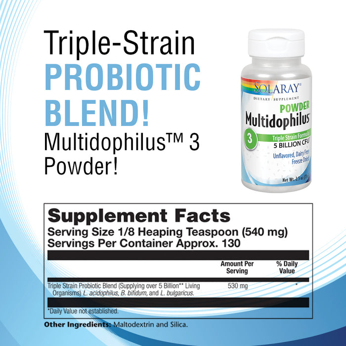 Solaray Multidophilus 3 Strain Probiotic Powder | 5 Billion CFU | Healthy Gut Support | Approx 130 Servings | 2.5 oz