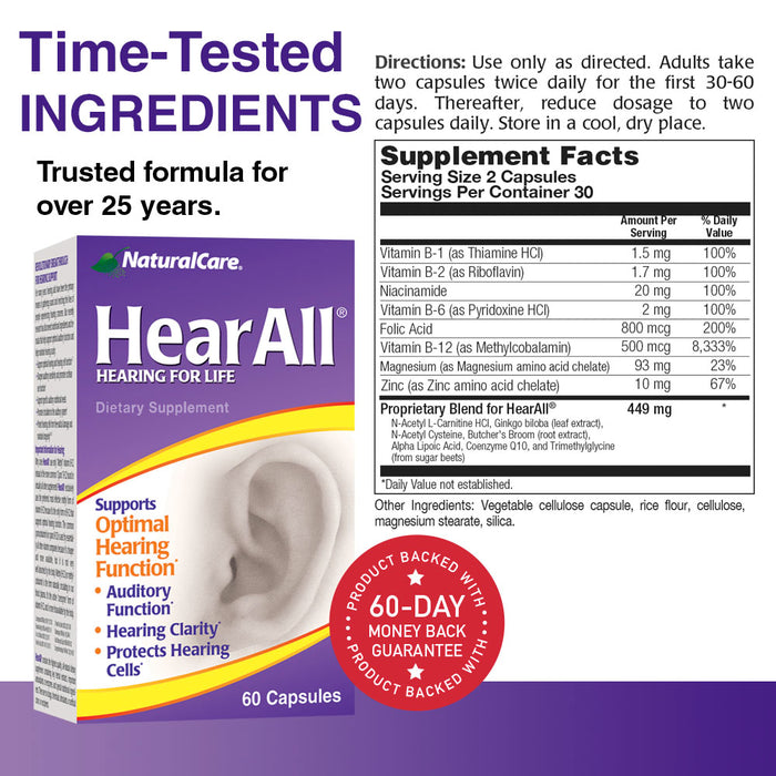 NaturalCare HearAll | Healthy Hearing Formula | Natural Loss of Hearing Support | With Vitamins B1, B2, B6 & B12 Plus Magnesium & Zinc | 60 Capsules