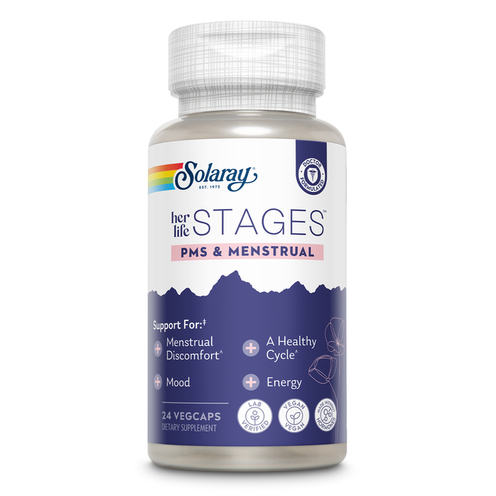 Solaray PMS & Menstrual her life STAGES - PMS Support Supplement for Women with Cramp Bark, Vitex Chasteberry - Made Without Hormones - 60-Day Guarantee - Vegan, Lab Verified - 24 Servings, 24 VegCaps