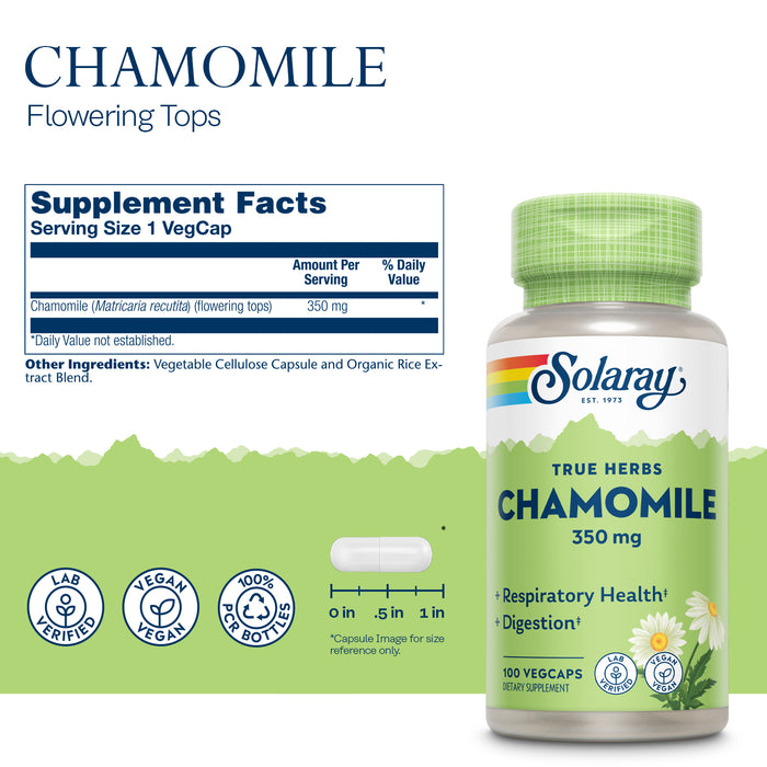 Solaray Chamomile, Soothing Support for Digestion, Respiratory Tract and Relaxation, 100 Servings, 100 VegCaps