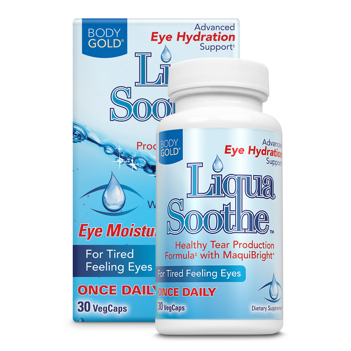Body Gold Liqua Soothe Eye Health Supplement, Healthy Tear Production Formula for Dry, Tired Feeling Eyes, w/ MaquiBright, Vitamin A, Lutein and Hyaluronic Acid, 60 Day Guarantee, 30 Serv, 30 VegCaps