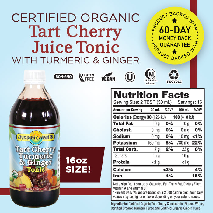 Dynamic Health Organic Tart Cherry Juice Tonic with Turmeric & Ginger | Organic and Kosher | Key Compounds | 16 oz