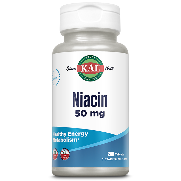 KAL Niacin 50mg | One Daily | Healthy Metabolism, Skin, Nerves & Digestive Tract Support | Vegetarian | 200 Tablets