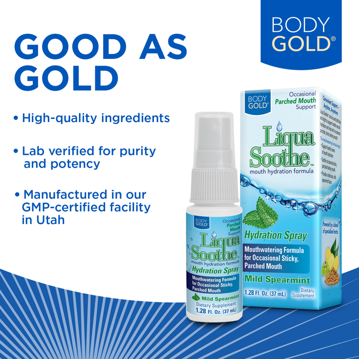 Body Gold Liqua Soothe Mouth Spray, Oral Care Formula for Occasional Dry Mouth Feeling, Supports Healthy Levels of Mouth Hydration w/ Akarkara and Ginger, Mild Spearmint Flavor, About 64 Serv, 1.28oz