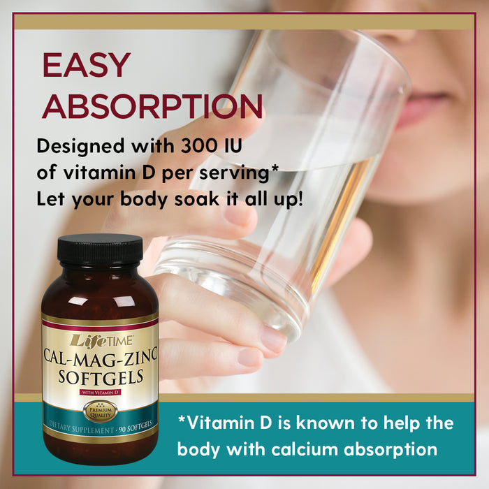 Lifetime Calcium Magnesium Zinc w/ Vitamin D | Support Bone, Muscle & Immunity Health | Easy Absorption | Softgel Capsule | 90 Capsules, 30 servings