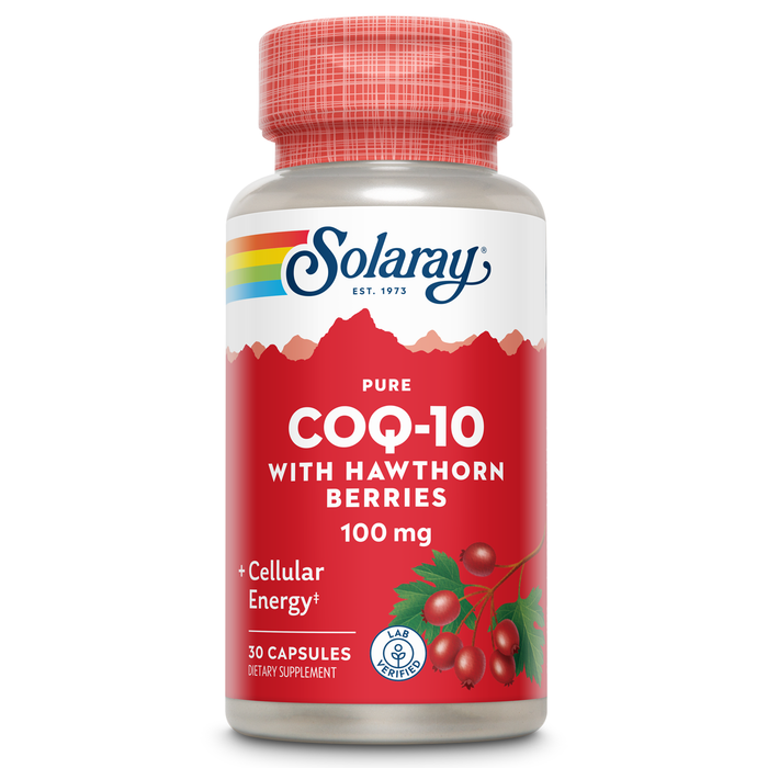Solaray Pure CoQ10 100mg with Hawthorn Berry, Antioxidant Formula with CoEnzyme Q10 and Vitamin E for Cellular Energy and Heart Health Support, Lab Verified, 60 Day Guarantee, 30 Servings, 30 Capsules