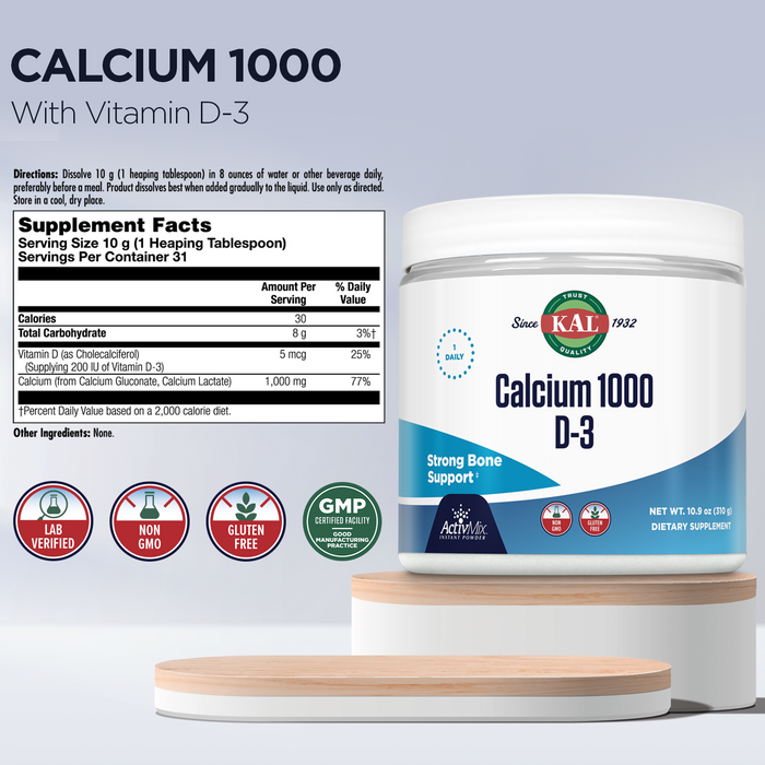 KAL Calcium Vitamin D-3 ActivMix, Powder Calcium Supplement, Bioavailable Calcium Lactate and Gluconate, Bone Health Support, Unflavored, Non-GMO, Gluten Free, 60-Day Guarantee, 31 Servings, 10.9 oz