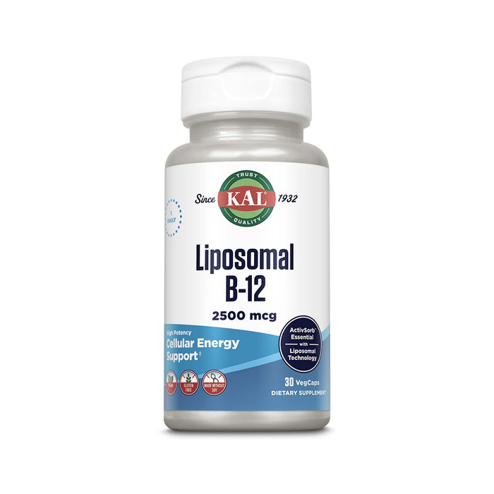 KAL Liposomal Vitamin B12 2500 mcg, High Absorption, Liposomal Technology, Cellular Energy Support, Vegan Capsules, Gluten Free, Made without Soy, 30 Servings