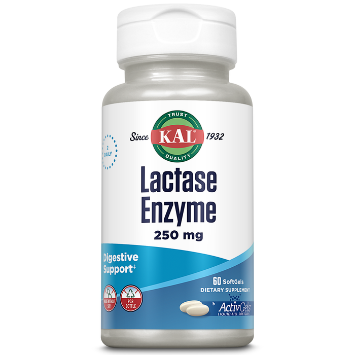 KAL Lactase Enzyme 250 mg, Healthy Digestion Support for Lactose Intolerance, Liquid-Filled ActivGels Made Without Soy, 250 FCC Units, 30 Servings, 60 SoftGels