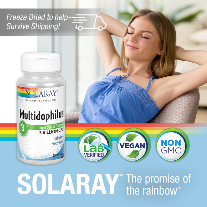 Solaray Multidophilus 3 Freeze Dried | 3 Billion CFU | Probiotics L. acidophilus, B. bifidum, and L. bulgaricus for Healthy Gut Support | 100 VegCaps