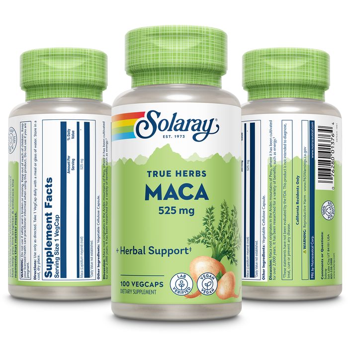 Solaray Maca Root 525mg, Energy & Vitality Support, Non-GMO, Vegan, 100 VegCaps