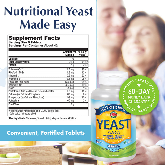KAL Nutritional Yeast Supplement, Fortified w/ B12, Biotin, Folic Acid, Other B Vitamins, Naturally Occurring Amino Acids, Healthy Hair, Skin & Energy Support, Vegan, Gluten Free, 83 Serv, 500 Tablets (250 CT)