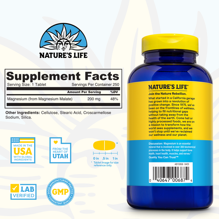 Nature's Life Renewing Magnesium Malate 200 mg - One Per Day - Muscle, Heart, Nerve Health, and Bone Support - Maximum Absorption - Lab Verified - 60-Day Guarantee - 250 Servings, 250 Tablets