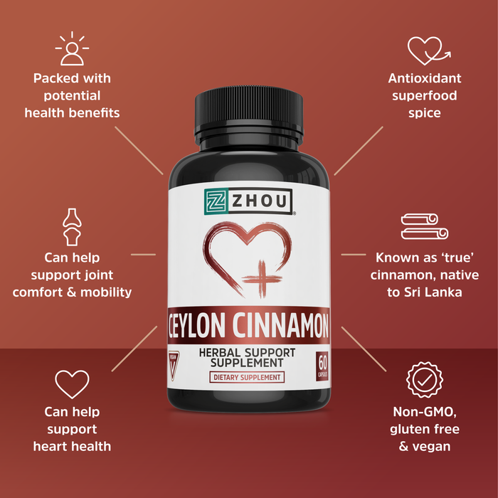 Zhou Nutrition Ceylon Cinnamon | Supports Heart Health and Joint Mobility | True Cinnamon Native to Sri Lanka | 30 Servings, 60 CT