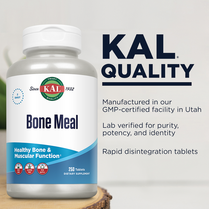 KAL Bone Meal Tablets, Calcium Supplement w/ Magnesium, Vitamin D3 and K, Bone Health, Muscle and Nerve Function Support, Rapid Disintegration, Gluten Free, Non-GMO, 60-Day Guarantee, 125 Serv, 250ct