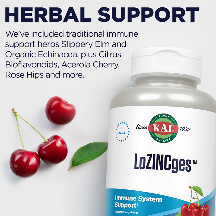 KAL LoZINCges - Immune Support Supplement - Zinc Lozenges with Vitamin C, Echinacea Purpurea, Slippery Elm, Rose Hips, Vegan, Gluten Free, Natural Cherry Flavor, 60-Day Guarantee, 75 Servings, 75ct
