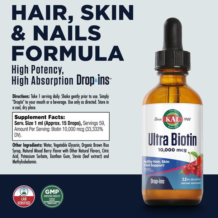 KAL Ultra Biotin 10000mcg DropIns, Liquid Biotin Drops, Hair Growth Supplement, High Potency Vitamin B7, Healthy Hair, Skin, Nails and Energy Support, Natural Mixed Berry Flavor, Approx. 59 Serv, 2oz