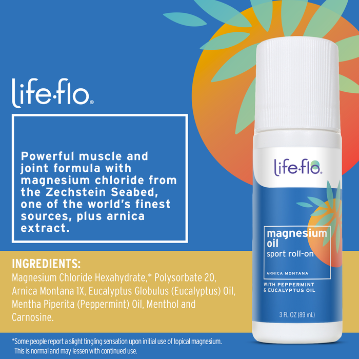 Life-flo Magnesium Oil Sport Roll-On, with Magnesium Chloride from Zechstein Seabed Plus Arnica, Calms and Refreshes Muscles and Joints After Exercise, 60-Day Guarantee, Not Tested on Animals, 3oz